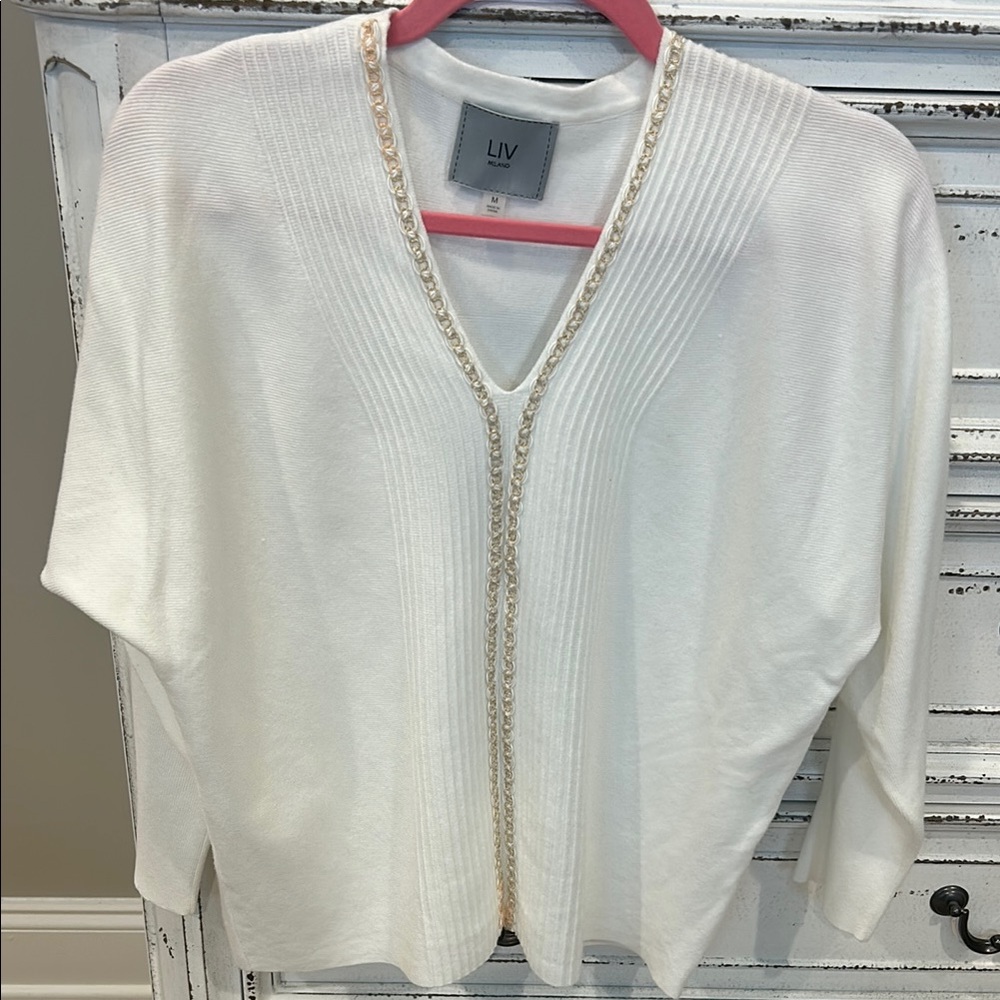 White V-Neck Sweater with Textured Knit